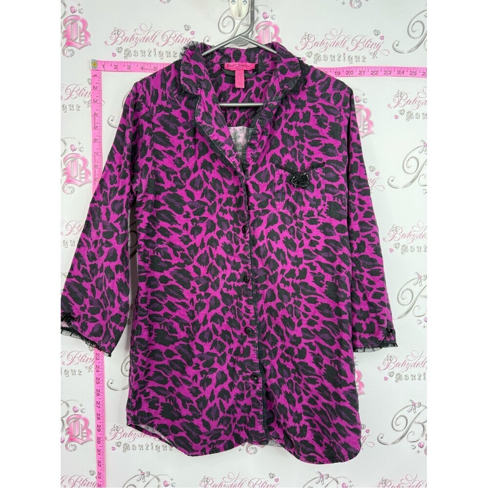 Betsey Johnson shirt ruffle lace Purple Black Leopard Print Button-Up Blouse